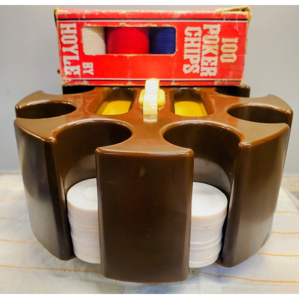 Vintage Brown Plastic Poker Chip 2 Deck Card Carousel Caddy Box 100 Hoyle Chips